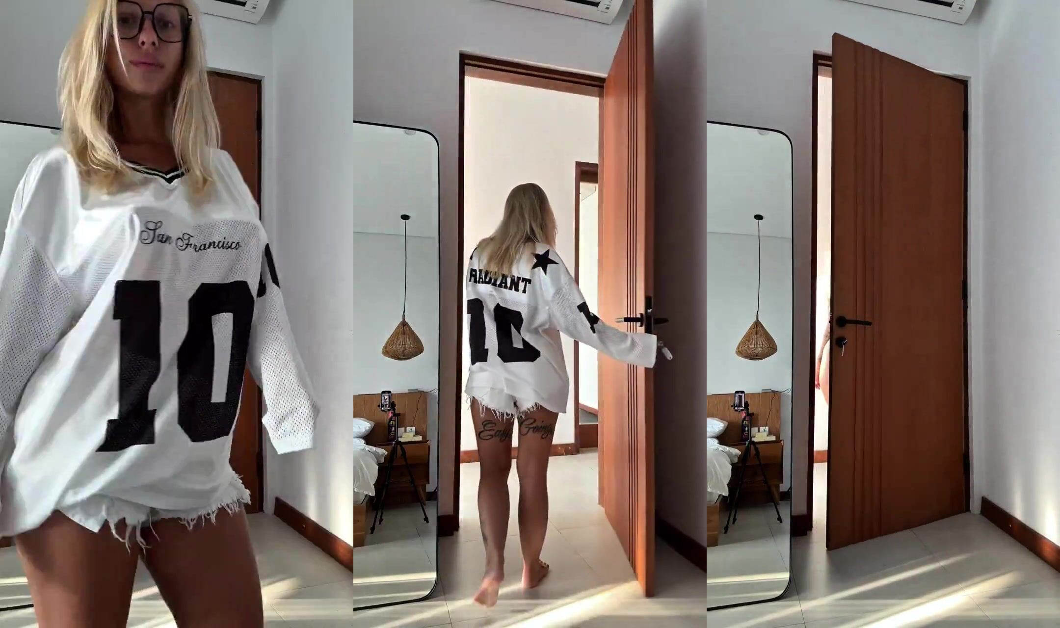 Tattooed Blonde in Glasses Strips Out of Sports Jersey